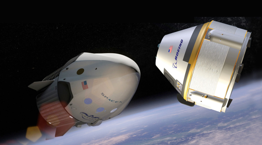 Technical problems could delay the beginning of regular flights by SpaceX's Crew Dragon (left) and Boeing's CST-100 Starliner until at least late 2018. Credit: SpaceX artist's concept and Boeing