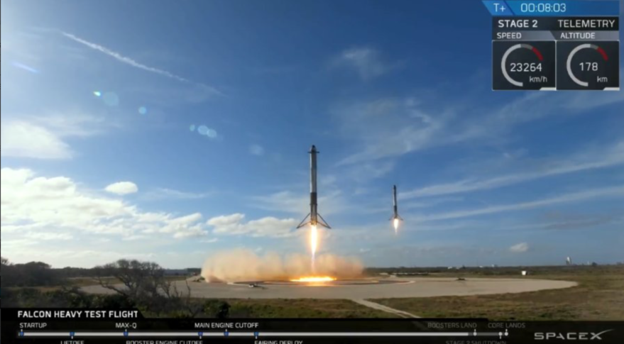 Two of Falcon Heavy's three core stages make a synchronized landing. The third core stage was programmed to land on a droneship at sea. Credit: SpaceX via Twitter.