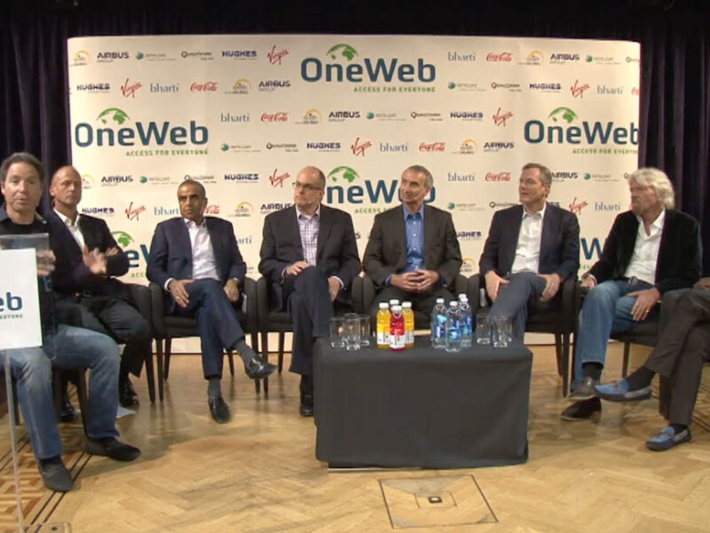 OneWeb CEO Greg Wyler (left) and senior executives from the company's roster of strategic partners. Credit: OneWeb