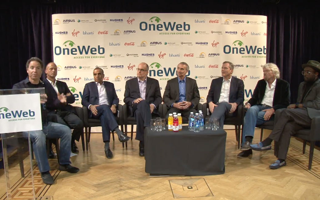 OneWeb CEO Greg Wyler (left) and senior executives from the company's roster of strategic partners. Credit: OneWeb