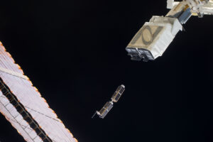 A3R and Centennial-1 (the shorter cubesat) deploy from the NanoRacks dispenser aboard ISS. Credit: NASA