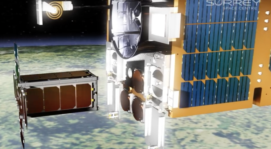 The RemoveDebris mother ship deploys a target satellite in this animation from an SSTL video. Credit: SSTL