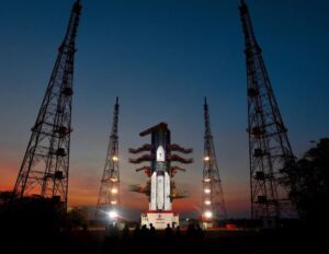 The first GSLV Mark 3 rocket sits on a pad at the Satish Dhawan Space Centre prior to launch.