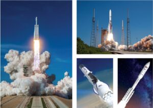 Clockwise from left: SpaceX's Falcon Heavy, ULA's Vulcan Centaur, Northrop Grumman's OmegA and Blue Origin's New Glenn rockets are all in the running to compete for a block of launch contracts the U.S. Air Force intends to divide between two providers during phase 2 of the Launch Service Agreements (LSA) program. Credit: SpaceX / ULA / Northrop Grumman / Blue Origin