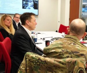 U.S. Air Force officials met in February 2019 with SpaceX founder Elon Musk and President Gwynne Shotwell at the company’s headquarters. Among the topics discussed was future Air Force use of SpaceX’s Starlink broadband services. Credit: Air Force Air Combat Command