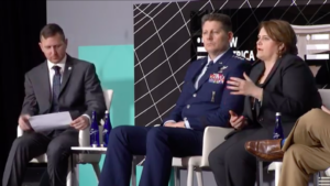 Carissa Bryce Christensen, CEO of Bryce Space (left) and Technology, and Lt. Gen. David Thompson, vice commander of Air Force Space Command speak April 29, 2019 at the Future of War conference in Washington, D.C. Credit: New America