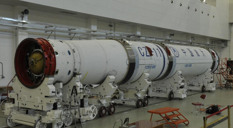 A Long March 11 launch vehicle undergoing assembly ahead of launch from Jiuquan in 2019.