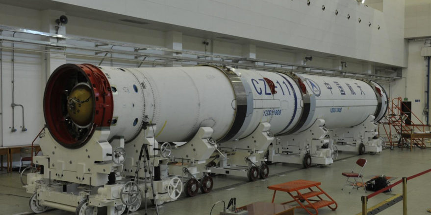 A Long March 11 launch vehicle undergoing assembly ahead of launch from Jiuquan in 2019.