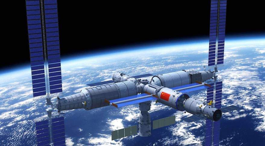 Artist impression of the future Chinese Space Station in orbit around the Earth.