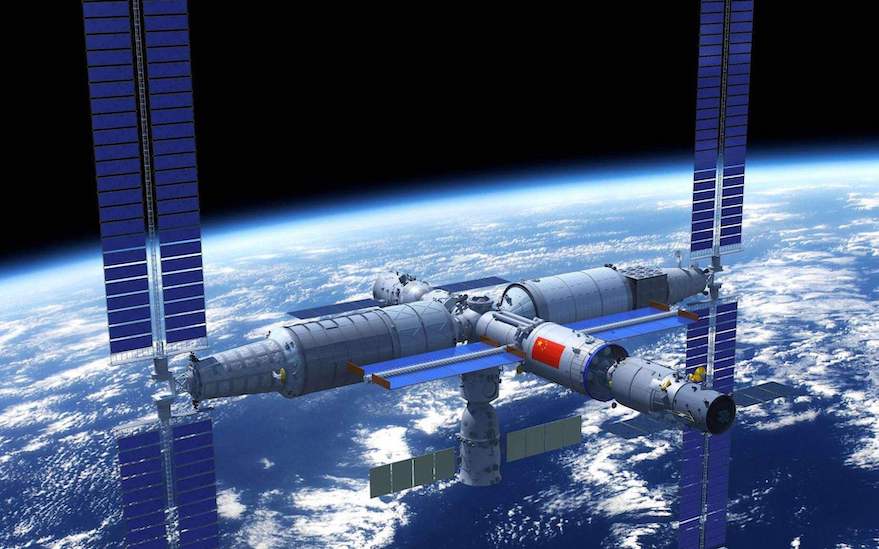 Artist impression of the future Chinese Space Station in orbit around the Earth.