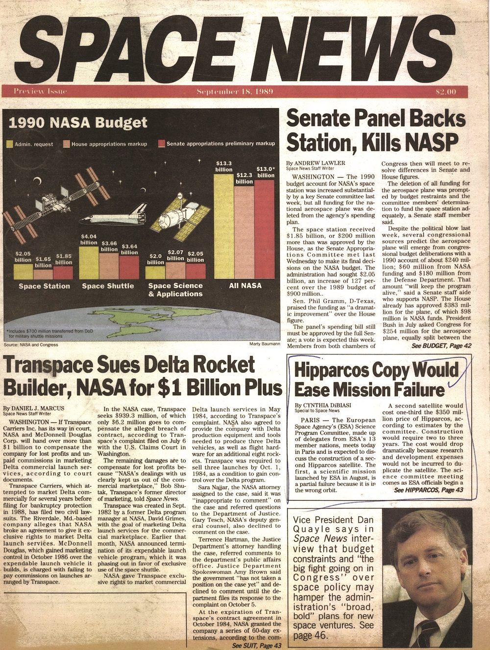 Cover_Vol. 0 No. 1 SPACE NEWS September 18, 1989 SpaceNews