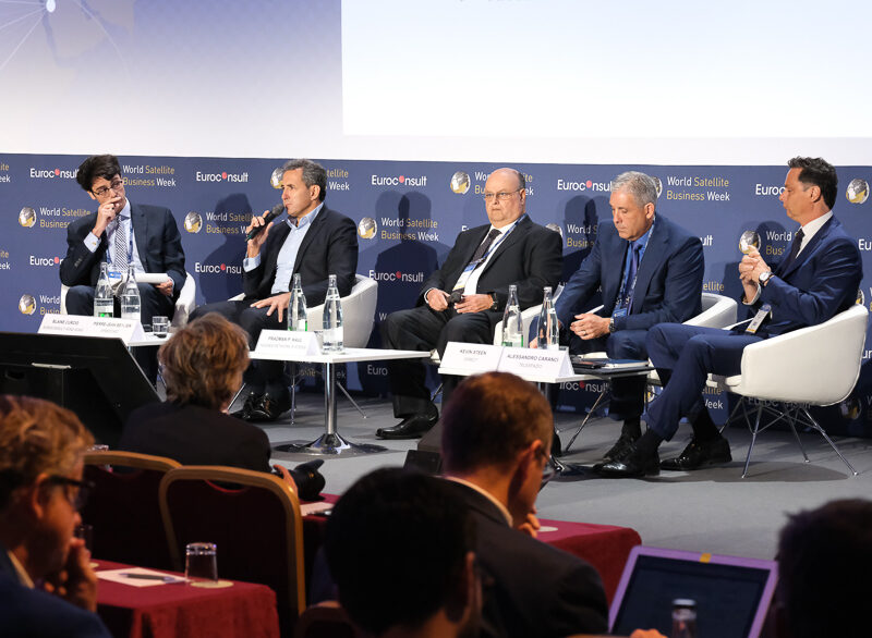 Photo of executives from satellite connectivity service providers participating on a panel discussion Sept. 10 at World Satellite Business Week in Paris.