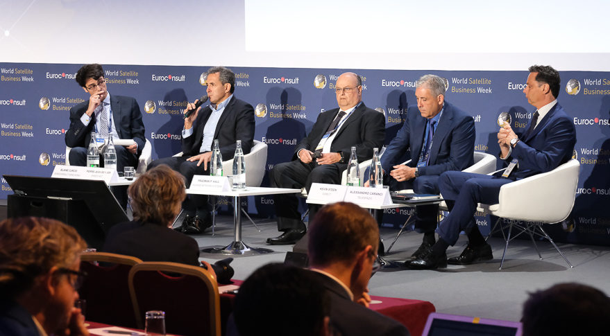 Photo of executives from satellite connectivity service providers participating on a panel discussion Sept. 10 at World Satellite Business Week in Paris.