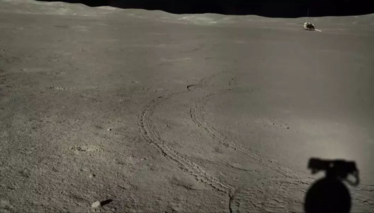 Stitched images from the Yutu-2 rover showing the distant Chang'e-4 lander.