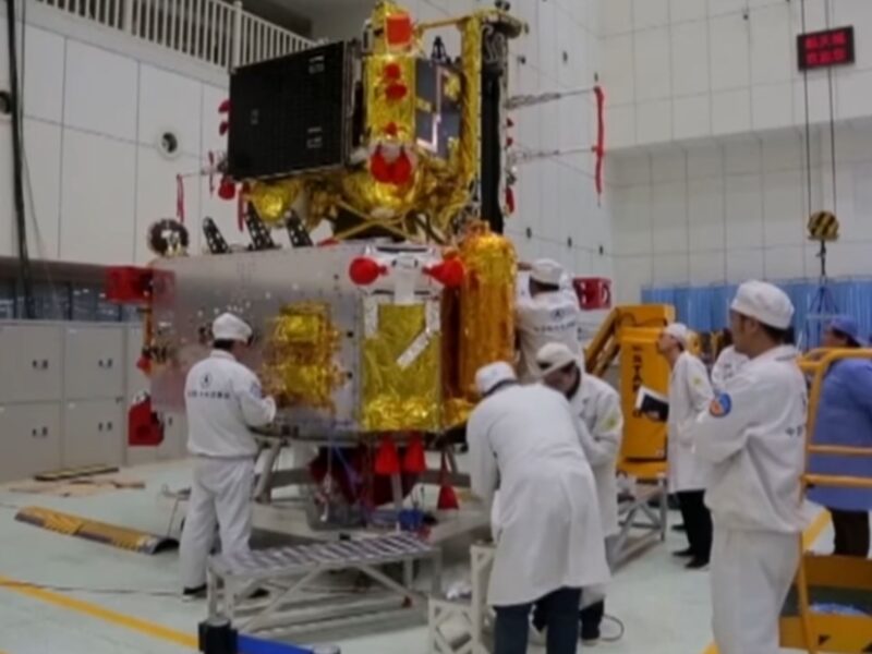 The Chang'e-5 lunar sample return spacecraft lander and ascent modules undergoing testing in 2017.