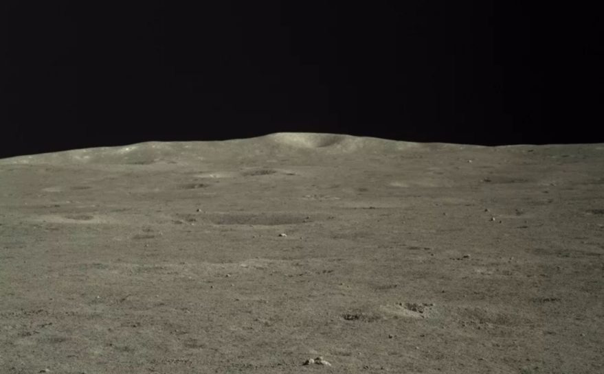 An image taken by the Chang'e-4 mission rover Yutu-2 showing the central peak of Von Kármán crater on the far side of the moon, around 46 kilometers distant from the rover.