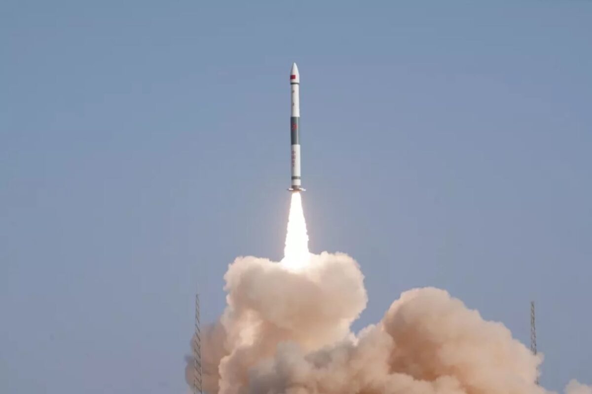 Shot of launch of the Kuaizhou-1A light solid rocket from Jiuquan at 10:02 p.m. Eastern Jan. 15 carrying the Yinhe-1 5G satellite.