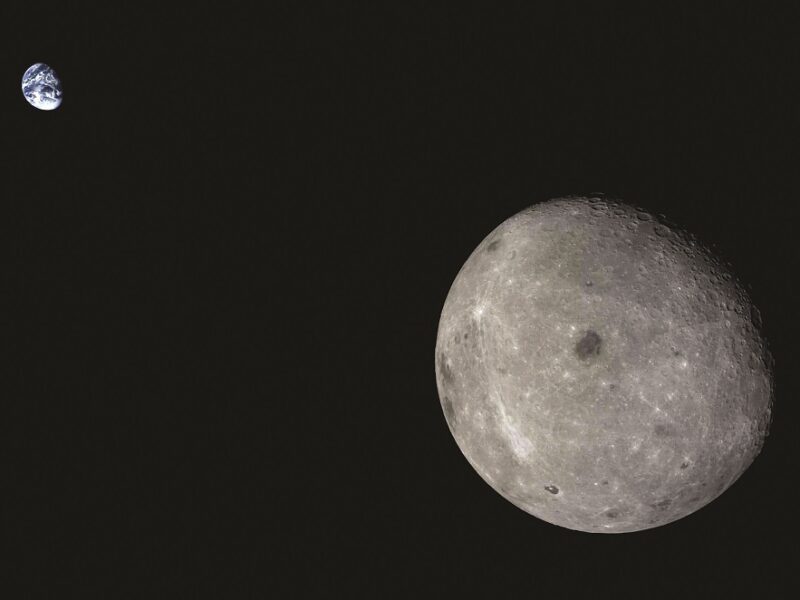 The far side of the moon and distant Earth, imaged by the Chang’e-5 T1 mission service module.