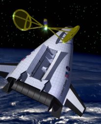 artist's concept of X-33 reusable launch vehicle deploying a satellite.
