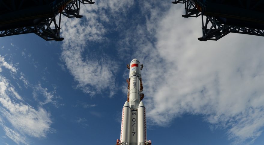 A view of the first Long March 7 launch vehicle from a vertical integration building at Wenchang, Hainan.