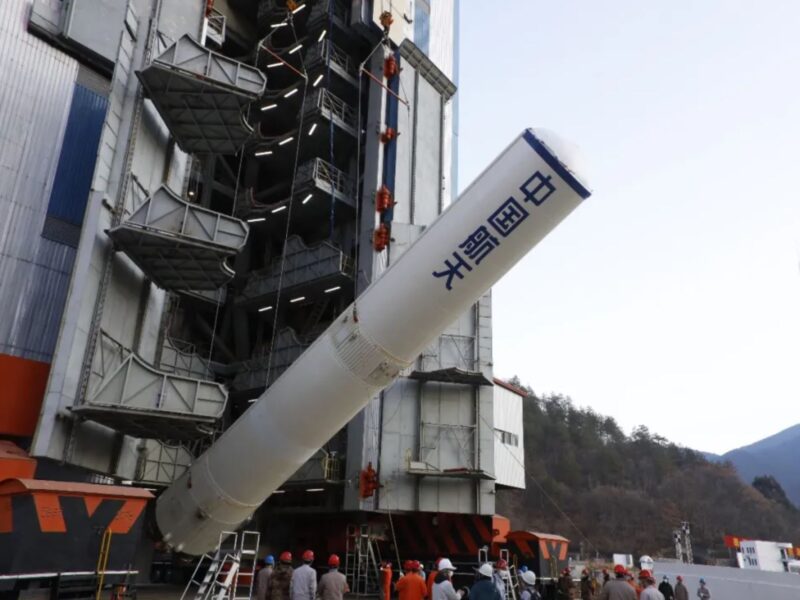 Stacking of a Long March 3B launch vehicle at Xichang launch center in China.