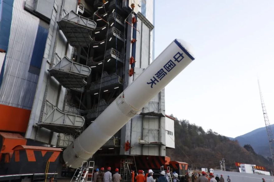 Stacking of a Long March 3B launch vehicle at Xichang launch center in China.