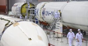 Components of the Long March 2F rocket to launch the crewed Shenzhou-12 mission in 2021.