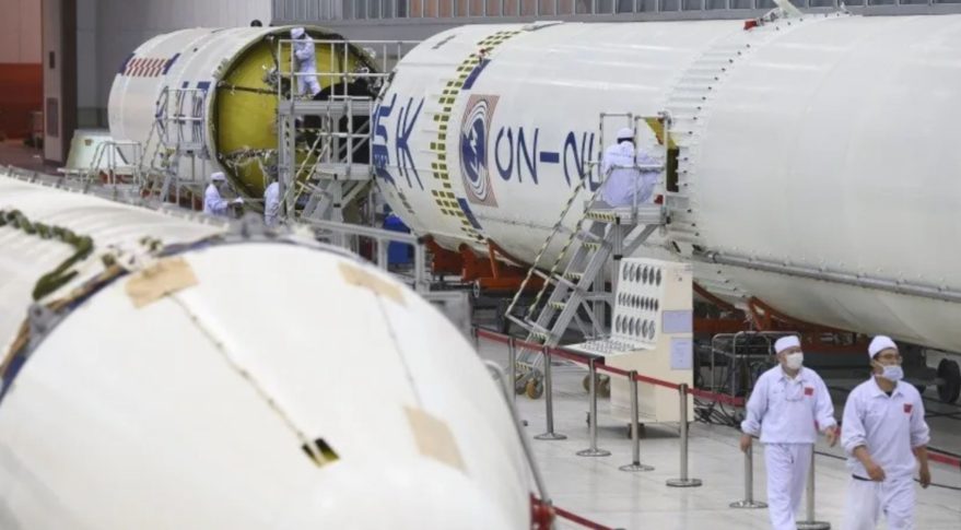 Components of the Long March 2F rocket to launch the crewed Shenzhou-12 mission in 2021.