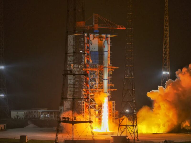 A Long March 2C lifts off in the dark from LC-3 at Xichang carrying the Yaogan-30 (07) group of satellites.