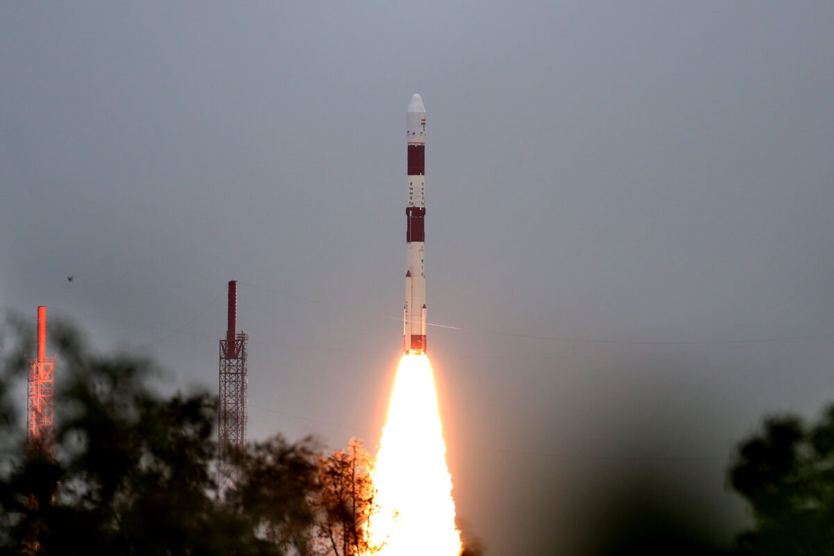 Liftoff of ISRO's PSLV-C49 from Satish Dhawan Space Center carrying EOS-1 to orbit.