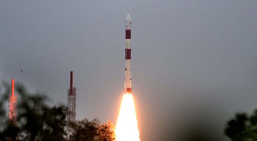 Liftoff of ISRO's PSLV-C49 from Satish Dhawan Space Center carrying EOS-1 to orbit.