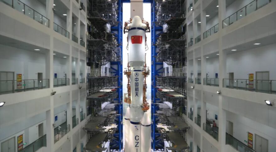 The first Long March 8 ready for vertical transfer to the pad at Wenchang.