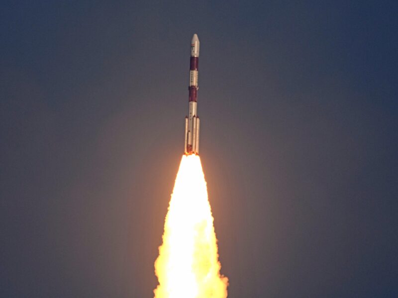 The PSLV-C50 shortly after liftoff carrying the CMS-01 satellite.