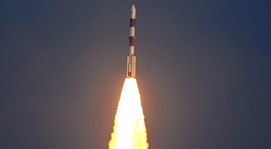 The PSLV-C50 shortly after liftoff carrying the CMS-01 satellite.