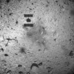 Hayabusa2 over the February 2019 touchdown site on Ryugu.