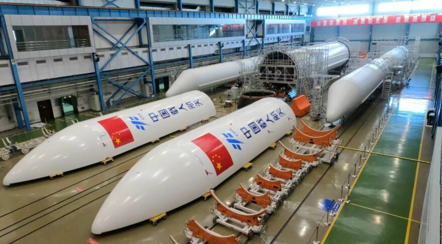 Components of the Long March 5B (Y2) to launch the Chinese space station core module at a facility in Tianjin.
