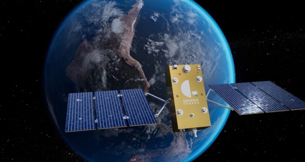 A render of a satellite in low Earth orbit for the Geely satellite constellation for autonomous self-driving.