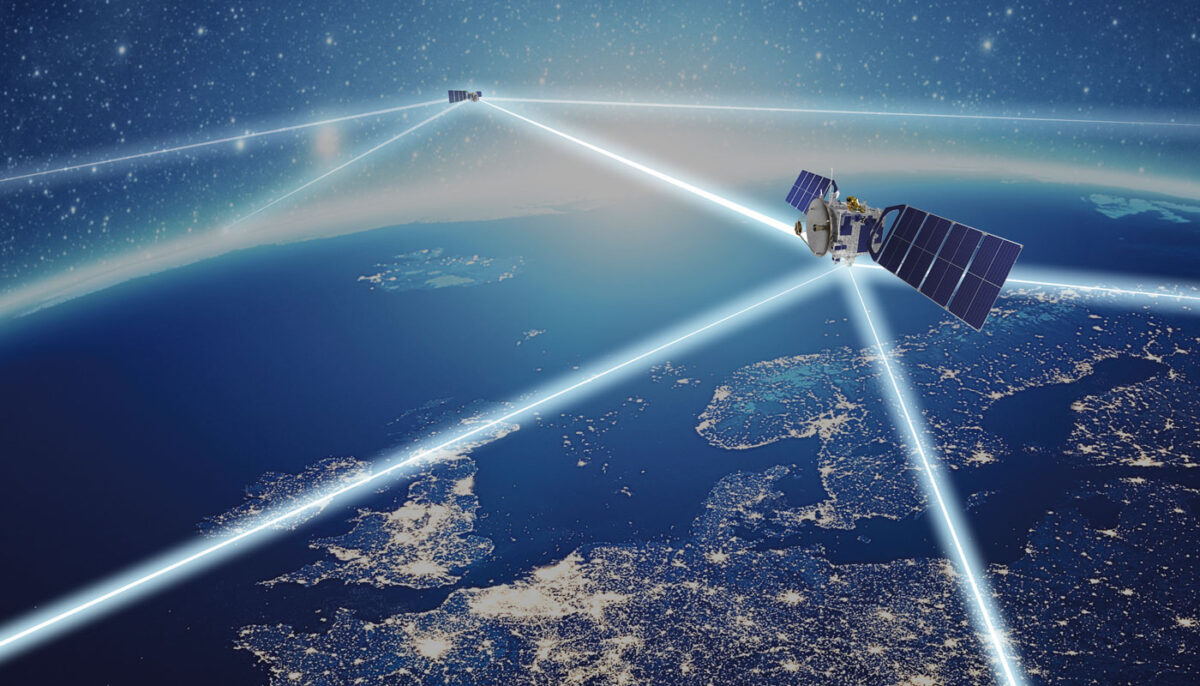 Tesat-Spacecom artist rendering of optical communications in space.