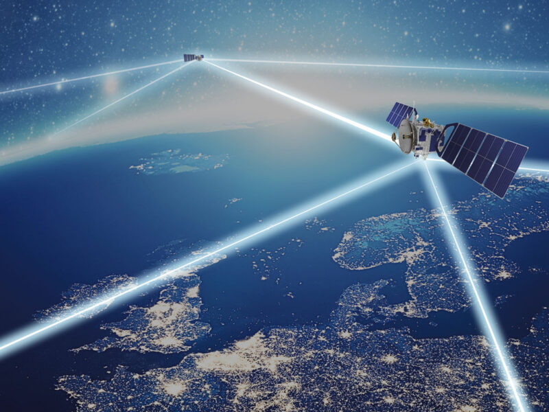 Tesat-Spacecom artist rendering of optical communications in space.