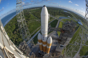 A wide-angle view of a ULA Delta 4 Heavy rocket