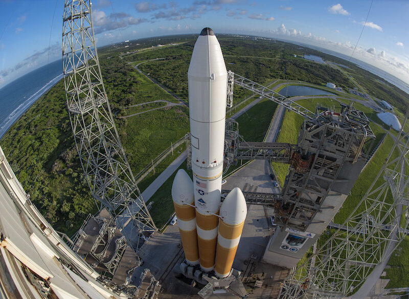 A wide-angle view of a ULA Delta 4 Heavy rocket