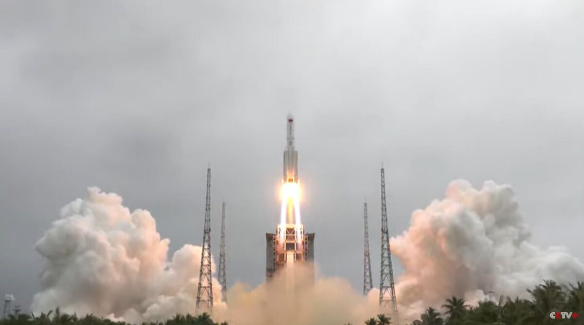 Liftoff of the Long March 5B rocket carrying the Tianhe core module for the Chinese Space Station.