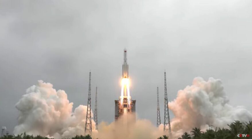 Liftoff of the Long March 5B rocket carrying the Tianhe core module for the Chinese Space Station.