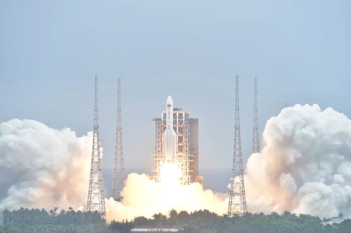 The second Long March 5B rocket launches the core module of China's space station, on April 28, 2021. The rocket's first stage is set to make an uncontrolled reentry.