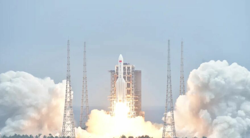 The second Long March 5B rocket launches the core module of China's space station, on April 28, 2021. The rocket's first stage is set to make an uncontrolled reentry.