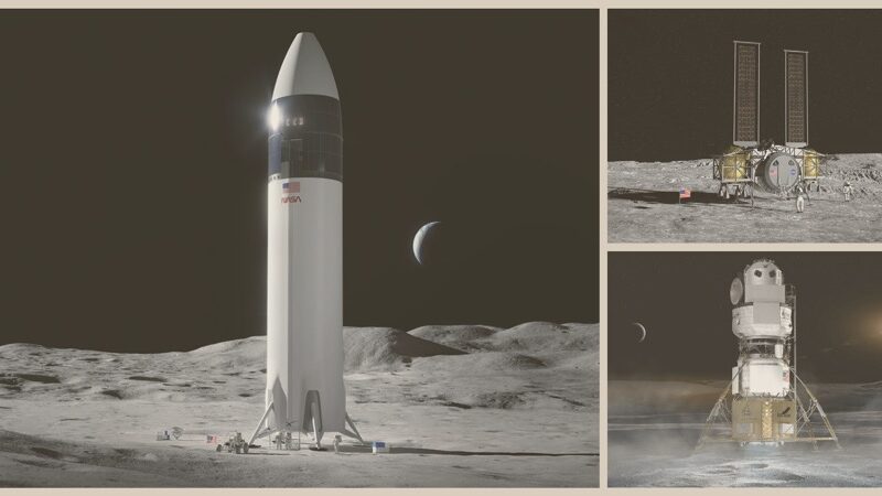 Clockwise from left: Human Landing System concepts from SpaceX, Dynetics and Blue Origin.