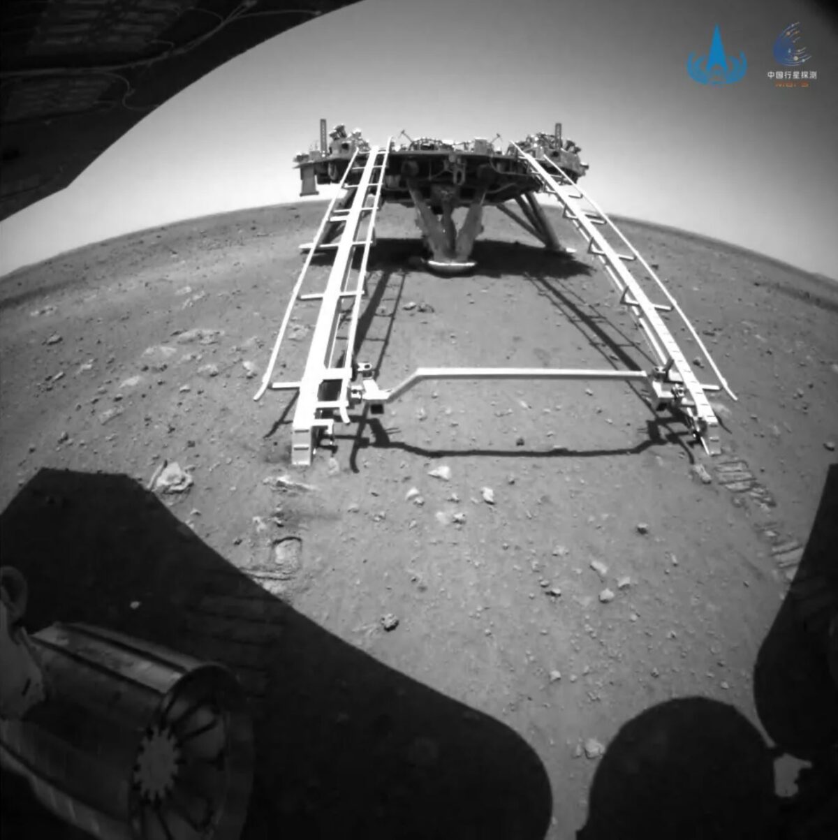 A rear hazard avoidance camera view from Zhurong after deployment from the lander late May 21 Eastern, 2021.