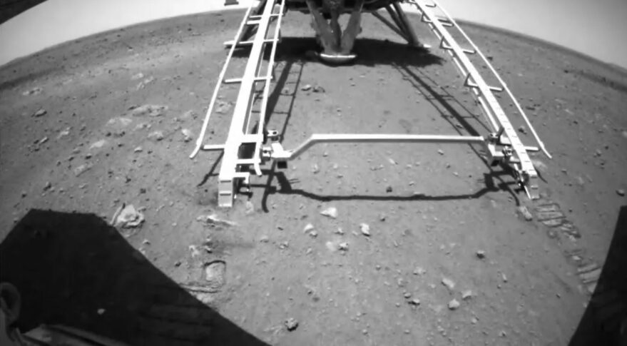 A rear hazard avoidance camera view from Zhurong after deployment from the lander late May 21 Eastern, 2021.