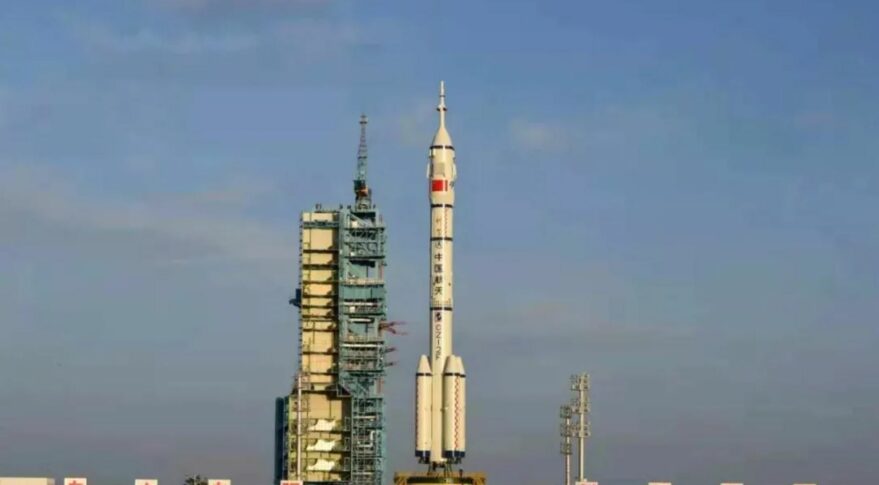Shenzhou-12 atop a Long March 2F being vertically transferred to the pad, June 9, 2021.