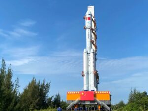 The Long March 7 (Y4) rocket to launch Tianzhou-3 being vertically transferred to the pad, September 16, 2021.